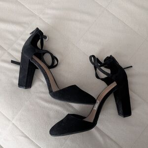 Black Suede Block Heel Ankle Tie Pumps